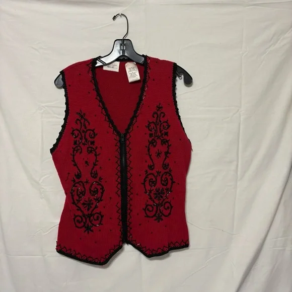 Vintage Kathie Lee zip up red knit sweater vest/w black beaded embroidery - Picture 1 of 8